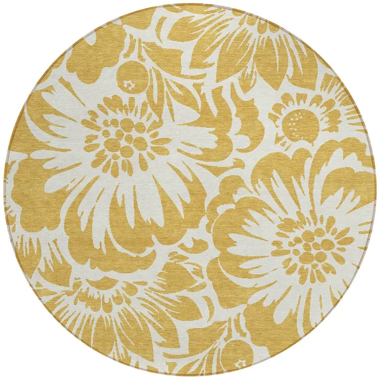 8' Round Gold and White Round Floral Washable Non Skid Indoor Outdoor Area Rug