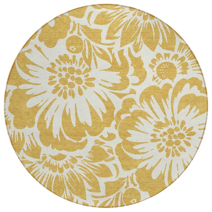 8' Round Gold and White Round Floral Washable Non Skid Indoor Outdoor Area Rug