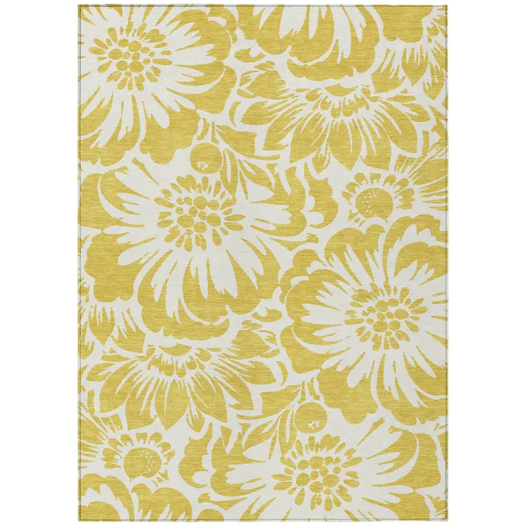 8' X 10' Gold and Ivory Floral Washable Non Skid Indoor Outdoor Area Rug