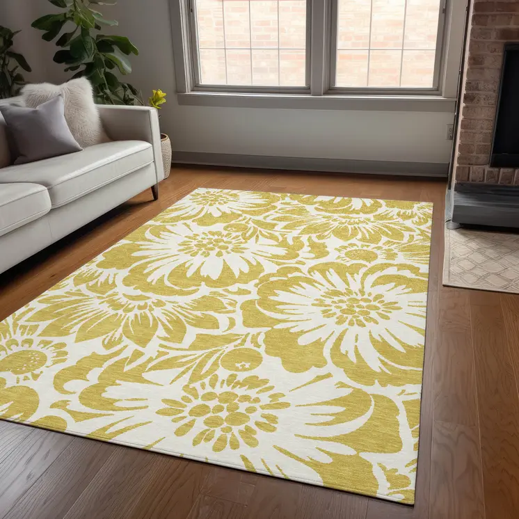 9' X 12' Gold and White Floral Washable Non Skid Indoor Outdoor Area Rug