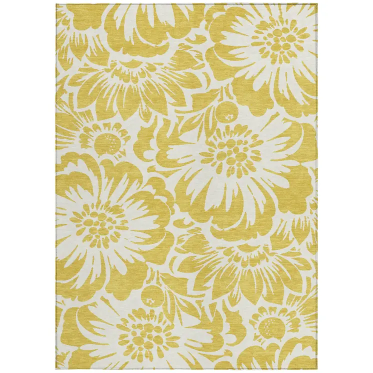 10' X 14' Gold and White Floral Washable Non Skid Indoor Outdoor Area Rug
