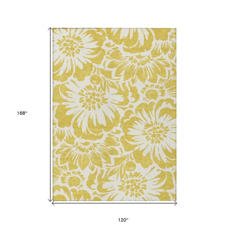 10' X 14' Gold and White Floral Washable Non Skid Indoor Outdoor Area Rug