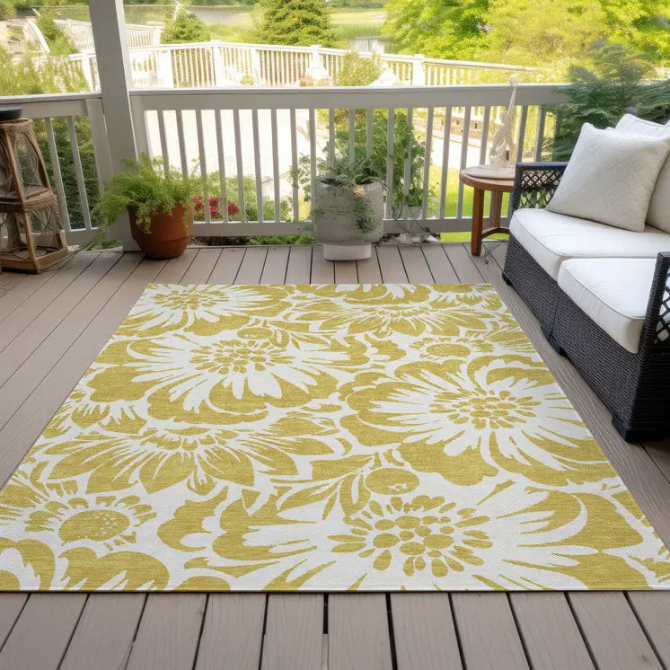 10' X 14' Gold and White Floral Washable Non Skid Indoor Outdoor Area Rug