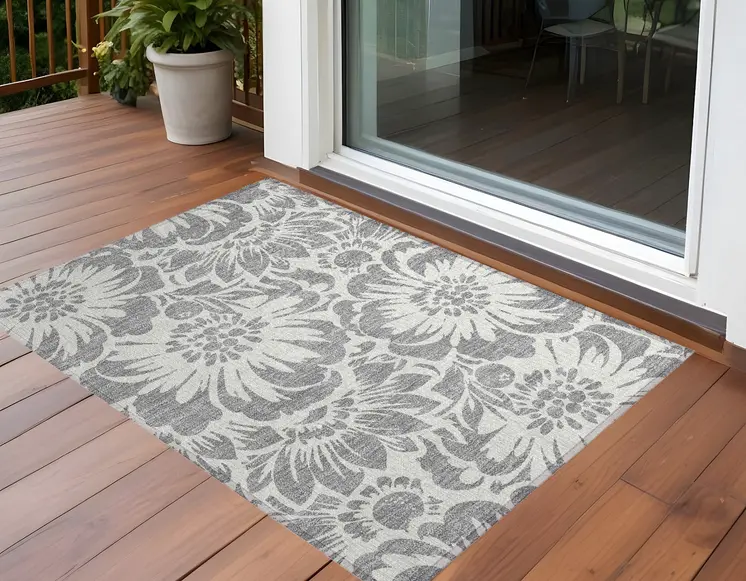 2' X 3' Gray and Ivory Floral Washable Non Skid Indoor Outdoor Area Rug