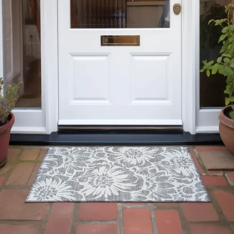 2' X 3' Gray and Ivory Floral Washable Non Skid Indoor Outdoor Area Rug
