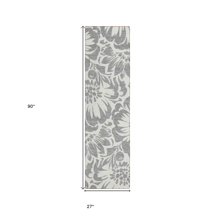 8' Runner Gray and Ivory Floral Washable Non Skid Indoor Outdoor Runner Rug