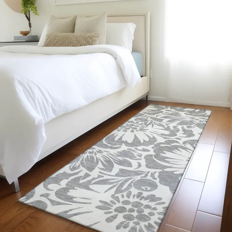 8' Runner Gray and Ivory Floral Washable Non Skid Indoor Outdoor Runner Rug