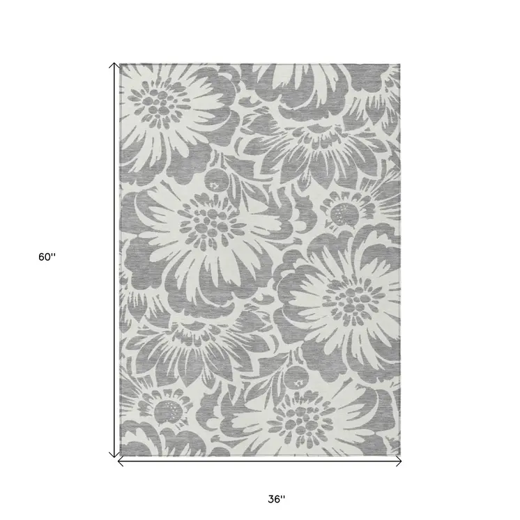 3' X 5' Gray and Ivory Floral Washable Non Skid Indoor Outdoor Area Rug
