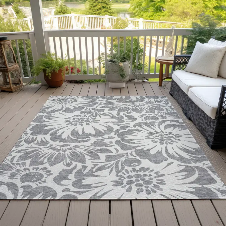 3' X 5' Gray and Ivory Floral Washable Non Skid Indoor Outdoor Area Rug