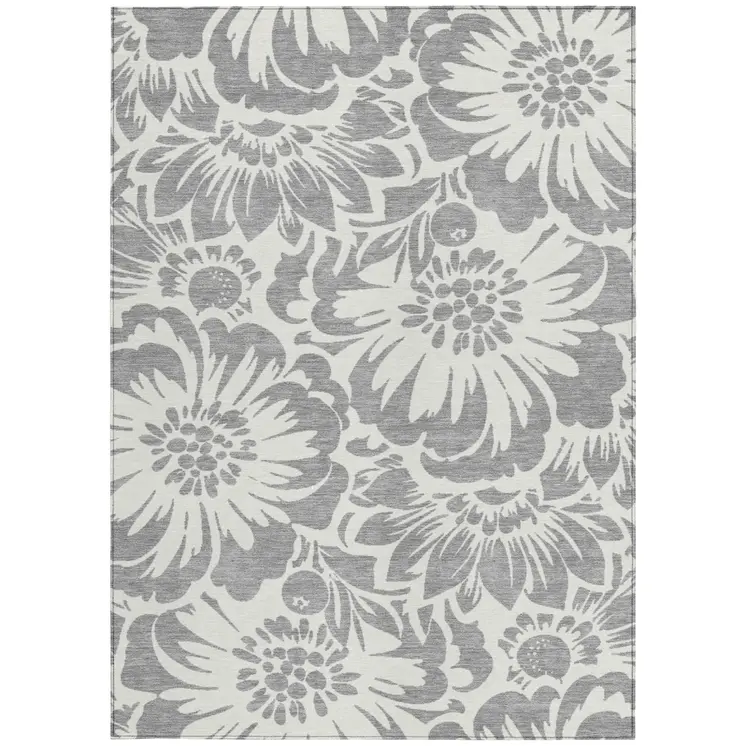 3' X 5' Gray and Ivory Floral Washable Non Skid Indoor Outdoor Area Rug