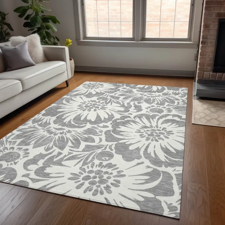 3' X 5' Gray and Ivory Floral Washable Non Skid Indoor Outdoor Area Rug