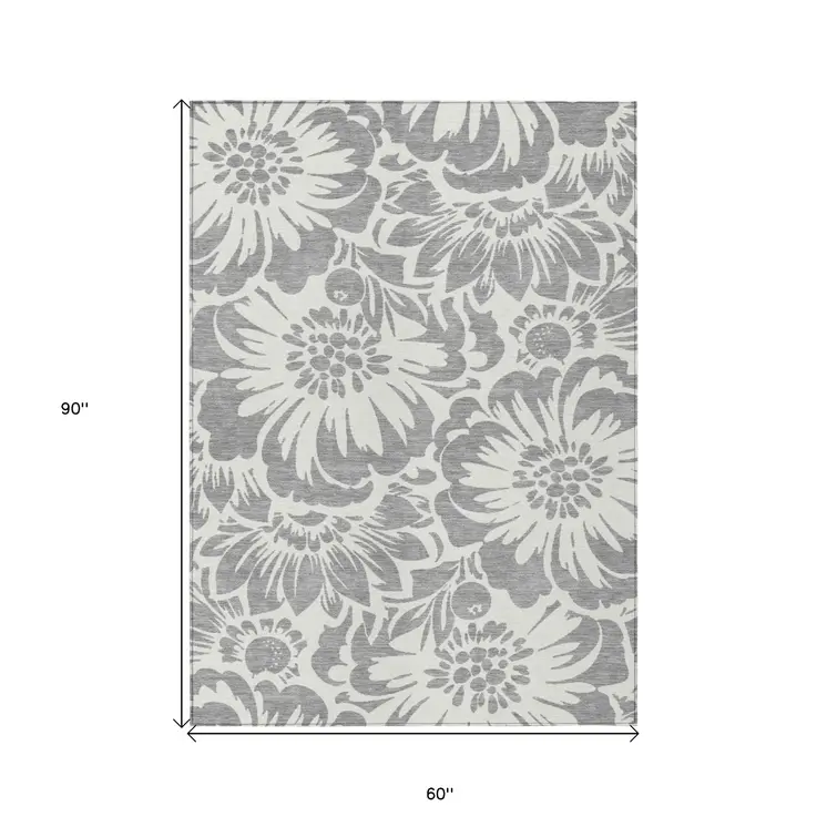 5' X 8' Gray and Ivory Floral Washable Non Skid Indoor Outdoor Area Rug