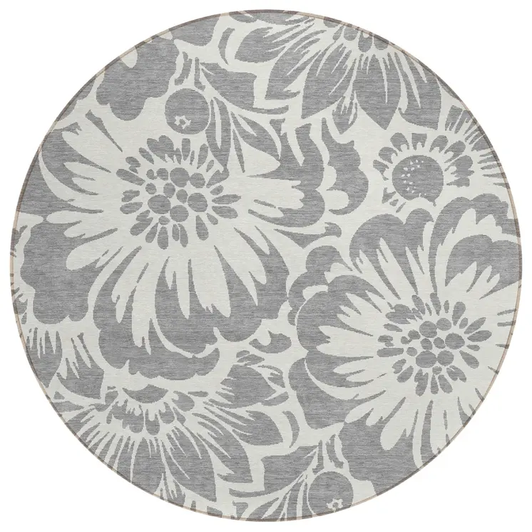 8' Round Gray and Ivory Round Floral Washable Non Skid Indoor Outdoor Area Rug