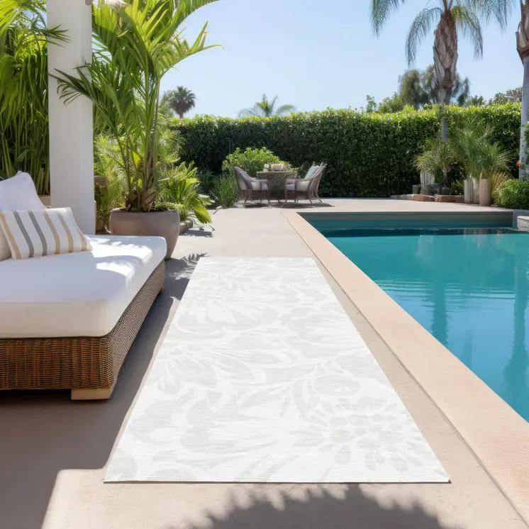 8' Runner Ivory Floral Washable Non Skid Indoor Outdoor Runner Rug