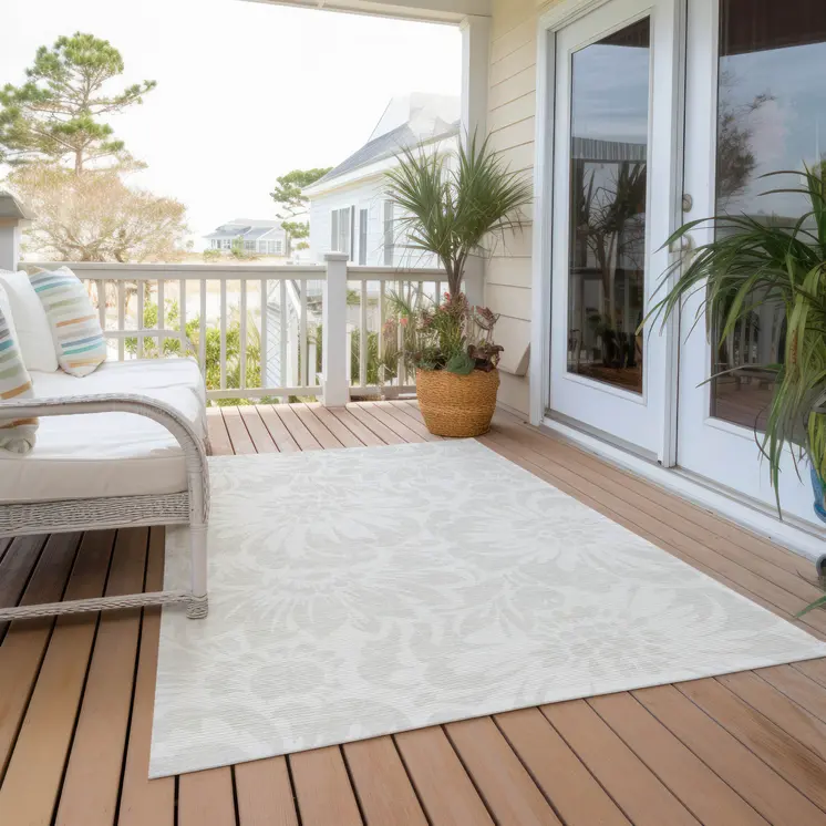 9' X 12' Ivory Floral Washable Non Skid Indoor Outdoor Area Rug