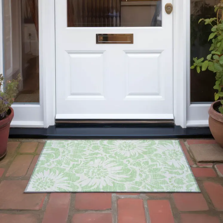 2' X 3' Mint Green and Ivory Floral Washable Non Skid Indoor Outdoor Area Rug