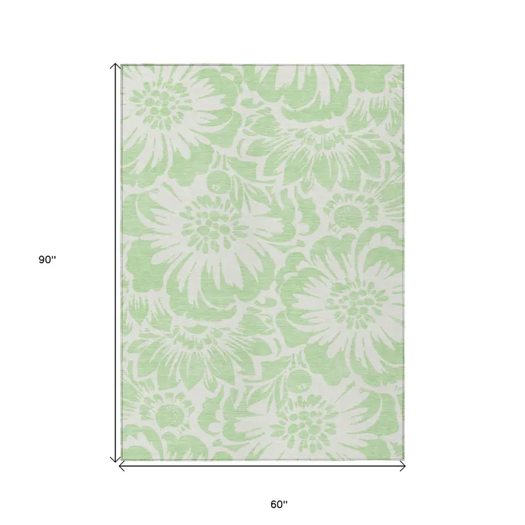 5' X 8' Mint Green and Ivory Floral Washable Non Skid Indoor Outdoor Area Rug
