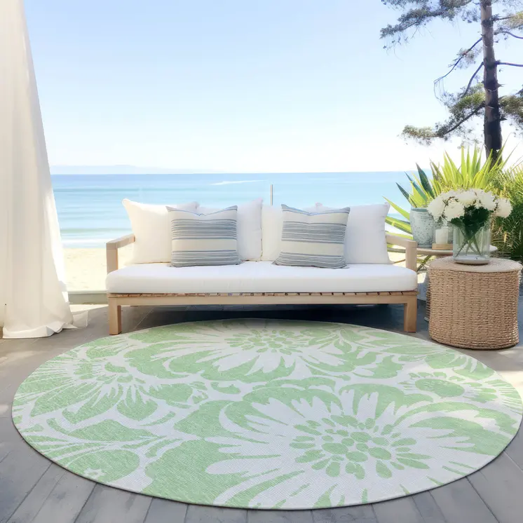 8' Round Mint Green and Ivory Round Floral Washable Non Skid Indoor Outdoor Area Rug