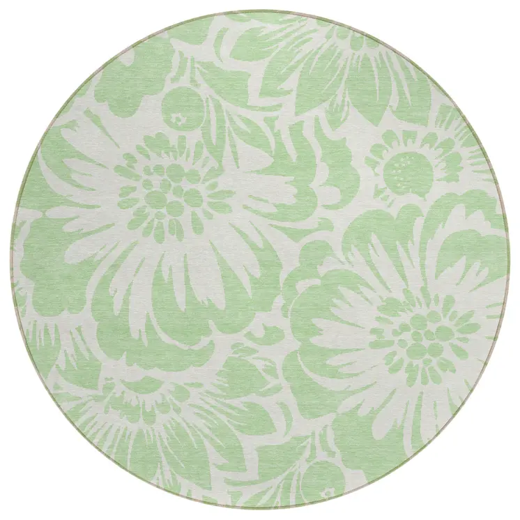 8' Round Mint Green and Ivory Round Floral Washable Non Skid Indoor Outdoor Area Rug