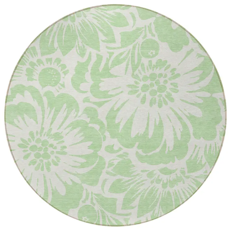 8' Round Mint Green and Ivory Round Floral Washable Non Skid Indoor Outdoor Area Rug