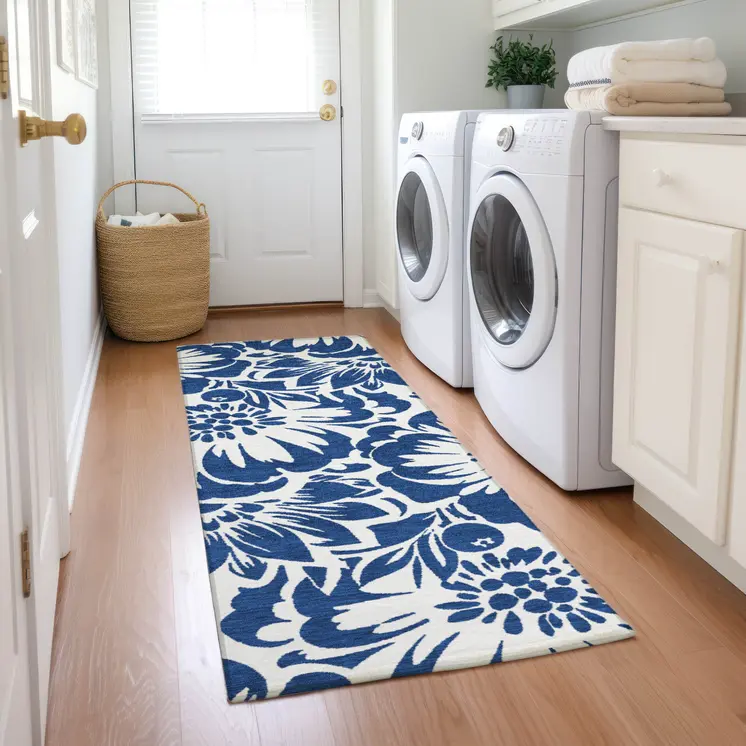 8' Runner Navy and Ivory Floral Washable Non Skid Indoor Outdoor Runner Rug