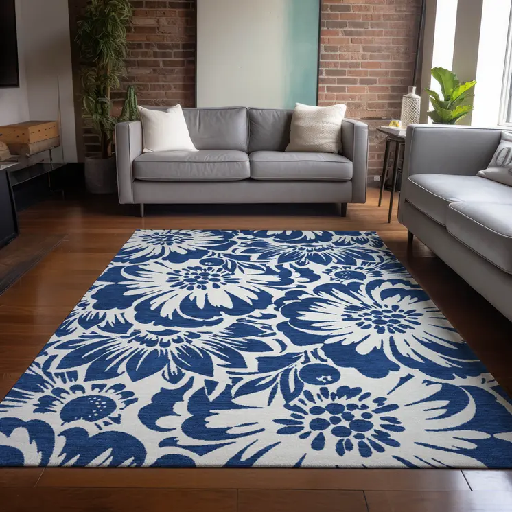 3' X 5' Navy and Ivory Floral Washable Non Skid Indoor Outdoor Area Rug