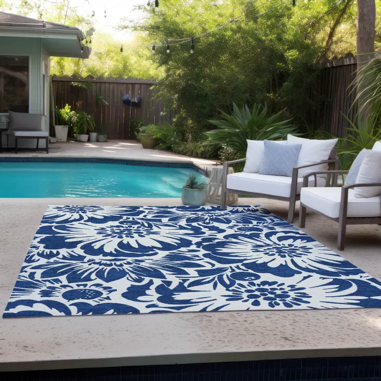 5' X 8' Navy and Ivory Floral Washable Non Skid Indoor Outdoor Area Rug