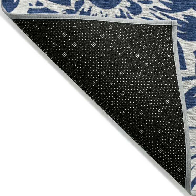 8' Round Navy and Ivory Round Floral Washable Non Skid Indoor Outdoor Area Rug