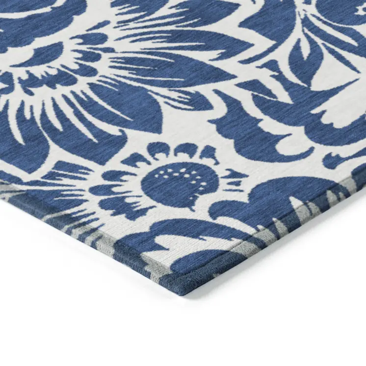 8' Round Navy and Ivory Round Floral Washable Non Skid Indoor Outdoor Area Rug