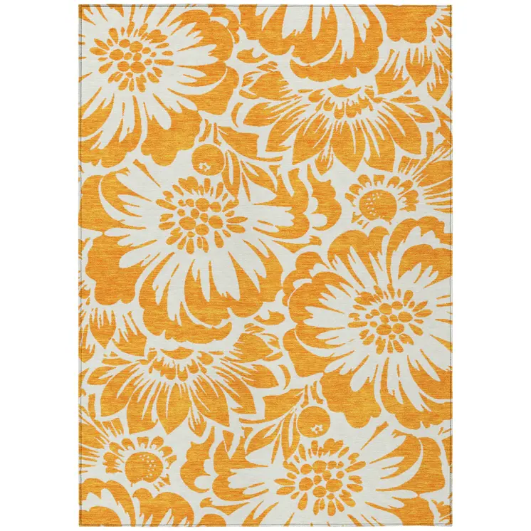 5' X 8' Orange and White Floral Washable Non Skid Indoor Outdoor Area Rug