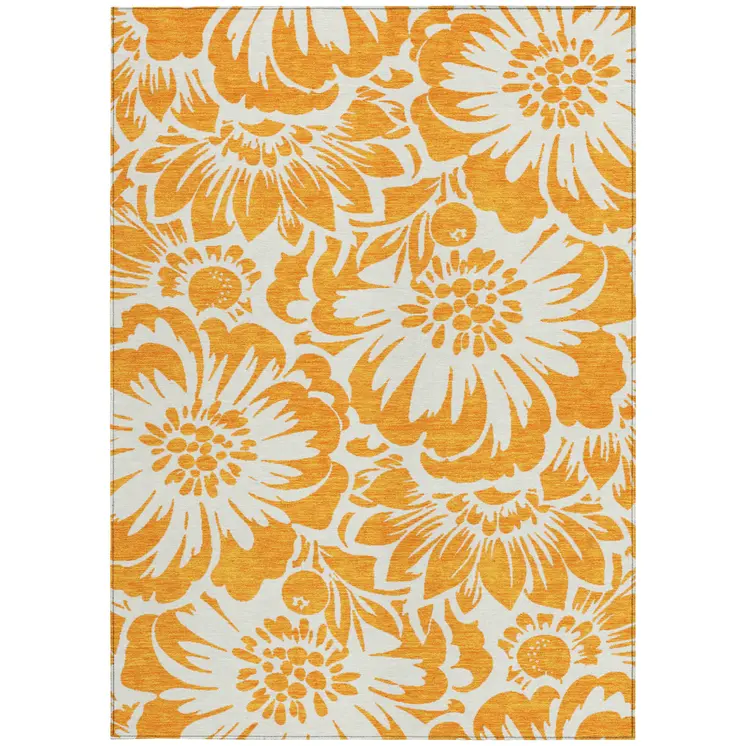 5' X 8' Orange and White Floral Washable Non Skid Indoor Outdoor Area Rug