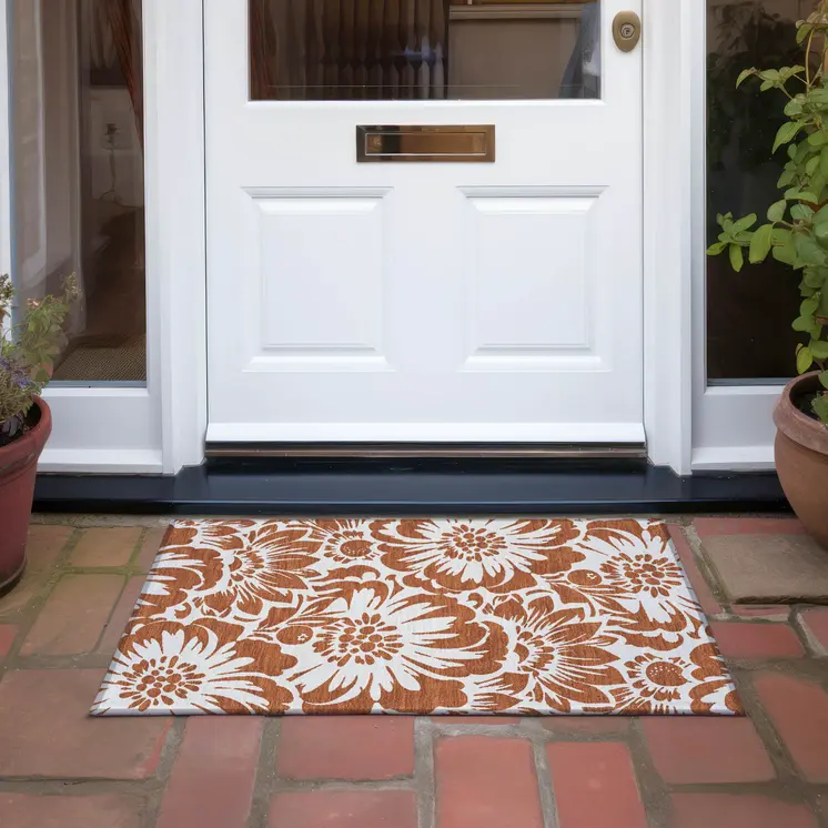 2' X 3' Rust and Ivory Floral Washable Non Skid Indoor Outdoor Area Rug