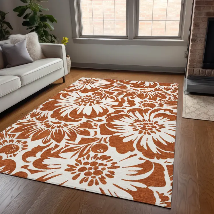 8' X 10' Rust and Ivory Floral Washable Non Skid Indoor Outdoor Area Rug