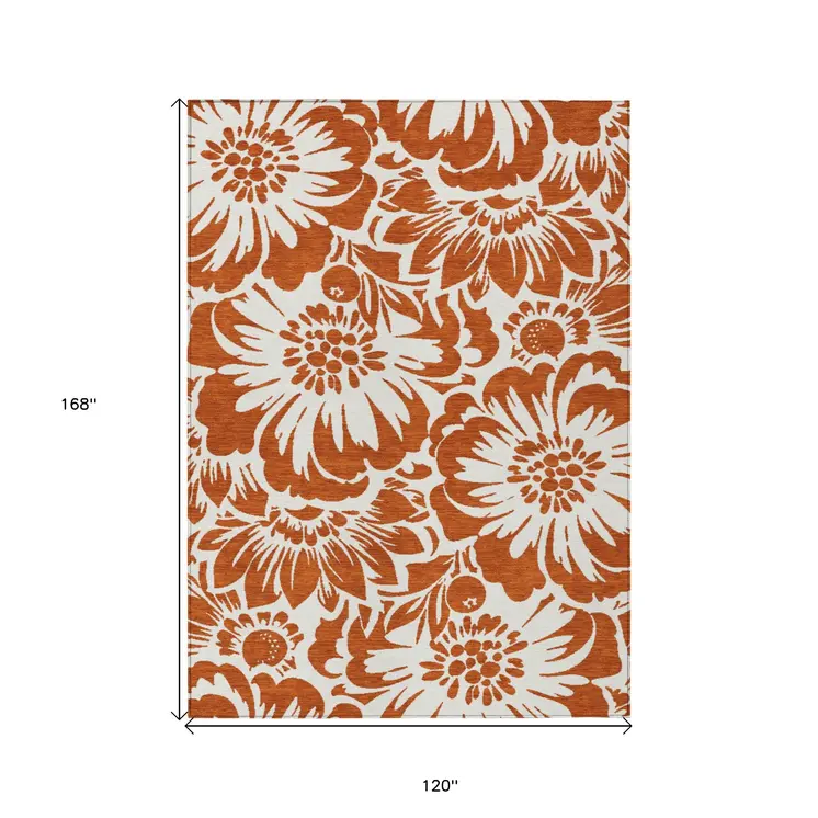 10' X 14' Rust and Ivory Floral Washable Non Skid Indoor Outdoor Area Rug