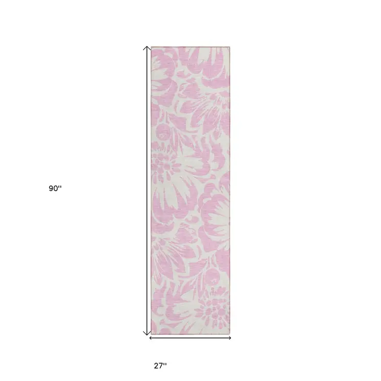 8' Runner Pink and Ivory Floral Washable Non Skid Indoor Outdoor Runner Rug