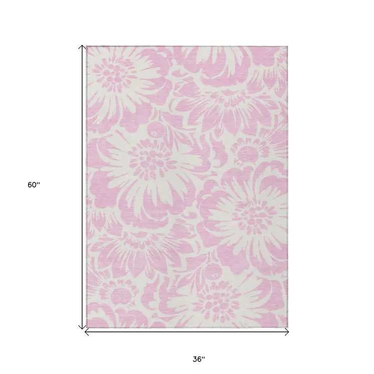 3' X 5' Pink and Ivory Floral Washable Non Skid Indoor Outdoor Area Rug
