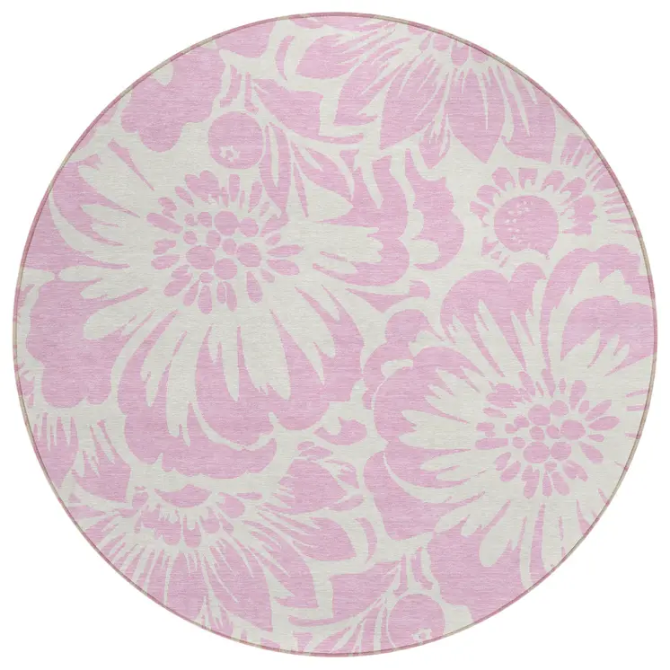 8' Round Pink and Ivory Round Floral Washable Non Skid Indoor Outdoor Area Rug