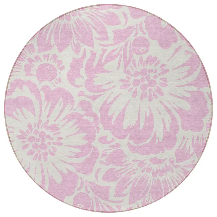 8' Round Pink and Ivory Round Floral Washable Non Skid Indoor Outdoor Area Rug