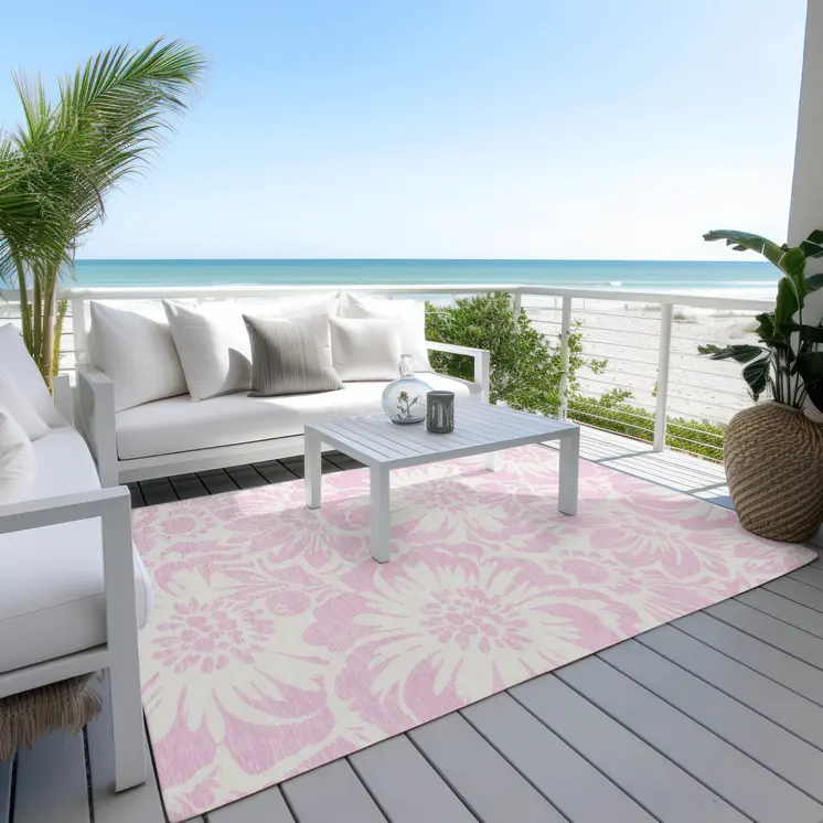 8' X 10' Pink and Ivory Floral Washable Non Skid Indoor Outdoor Area Rug