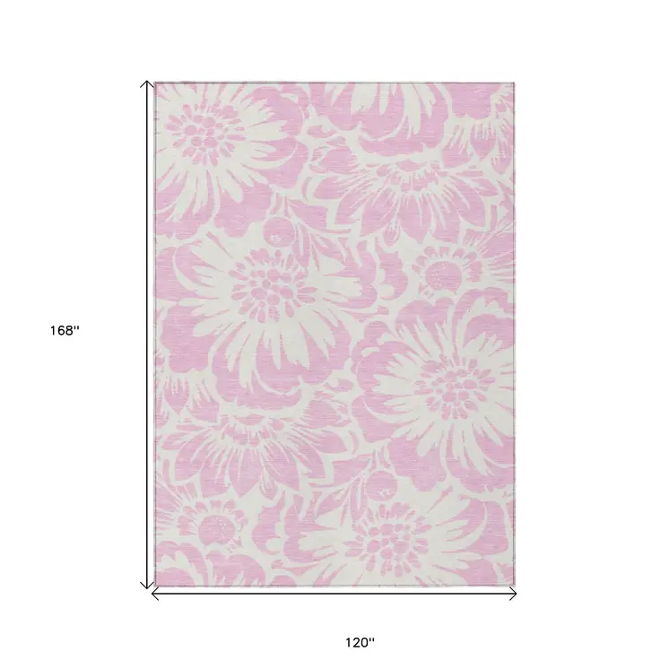 10' X 14' Pink and Ivory Floral Washable Non Skid Indoor Outdoor Area Rug