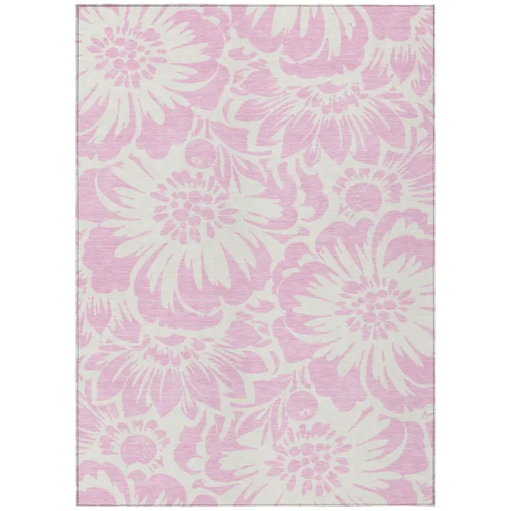 10' X 14' Pink and Ivory Floral Washable Non Skid Indoor Outdoor Area Rug