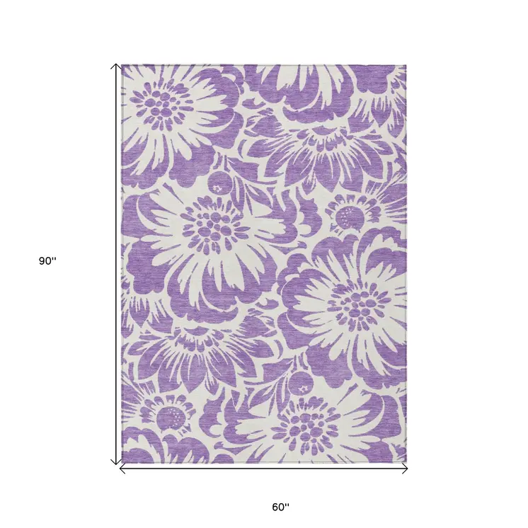 5' X 8' Purple and Ivory Floral Washable Non Skid Indoor Outdoor Area Rug