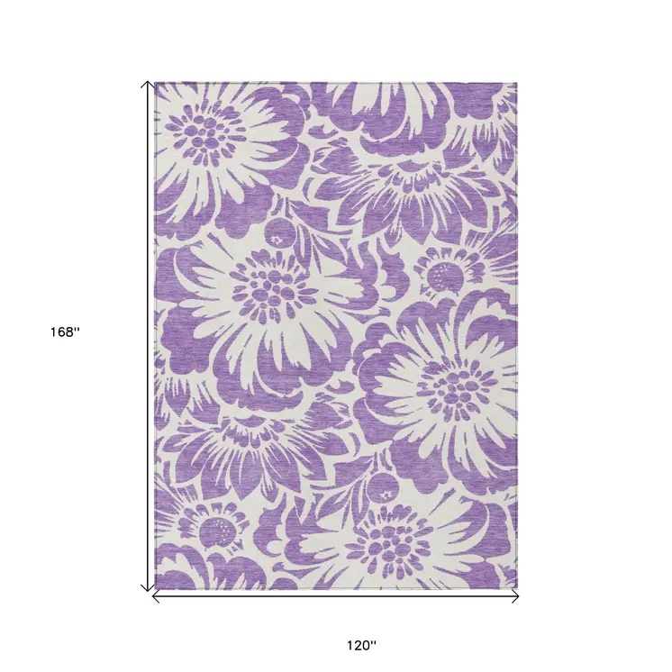 10' X 14' Purple and Ivory Floral Washable Non Skid Indoor Outdoor Area Rug
