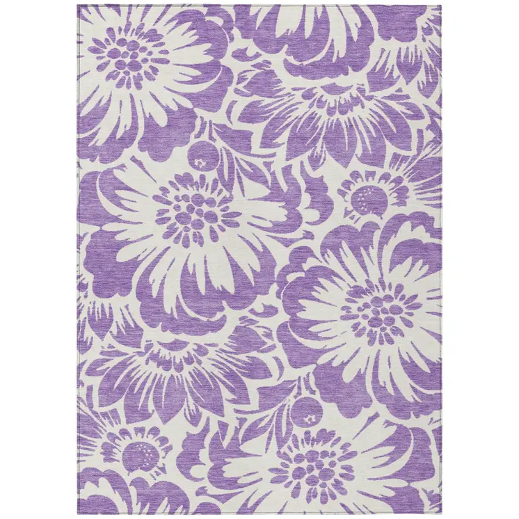 10' X 14' Purple and Ivory Floral Washable Non Skid Indoor Outdoor Area Rug