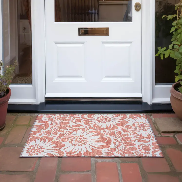 2' X 3' Salmon and Ivory Floral Washable Non Skid Indoor Outdoor Area Rug