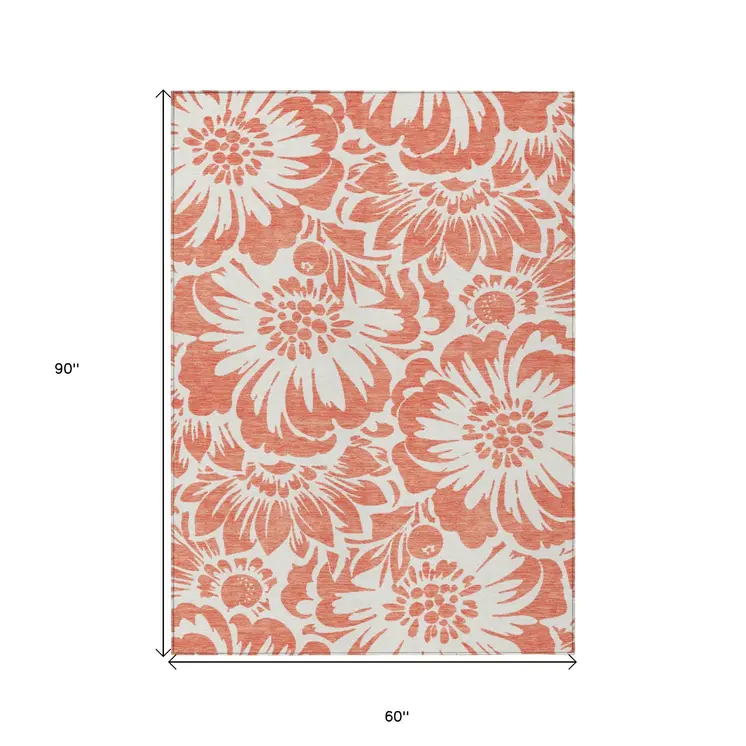 5' X 8' Salmon and Ivory Floral Washable Non Skid Indoor Outdoor Area Rug