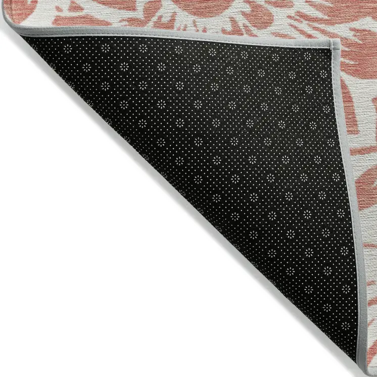 8' X 8' Salmon and Ivory Round Floral Washable Non Skid Indoor Outdoor Area Rug