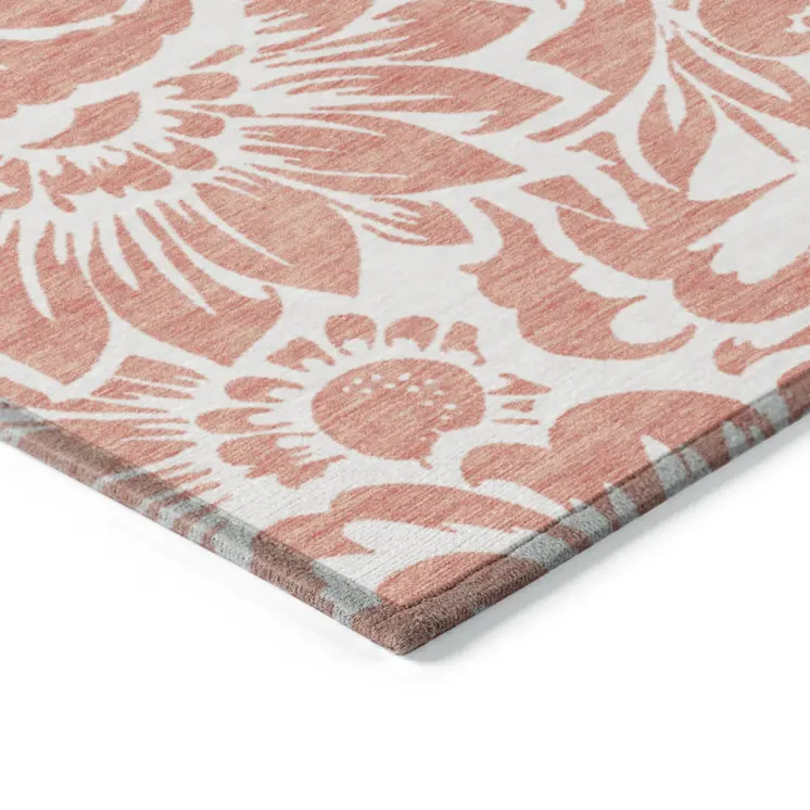 8' X 8' Salmon and Ivory Round Floral Washable Non Skid Indoor Outdoor Area Rug