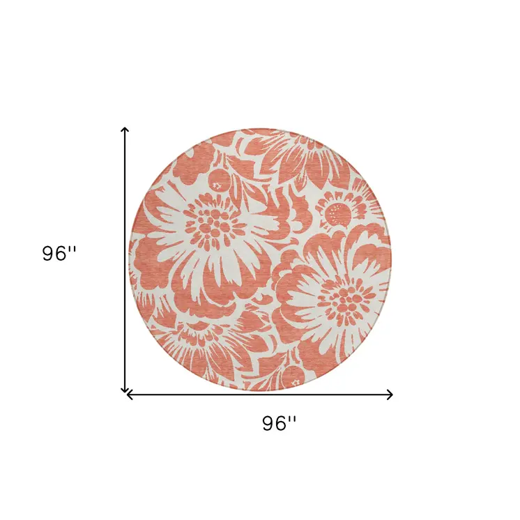 8' X 8' Salmon and Ivory Round Floral Washable Non Skid Indoor Outdoor Area Rug