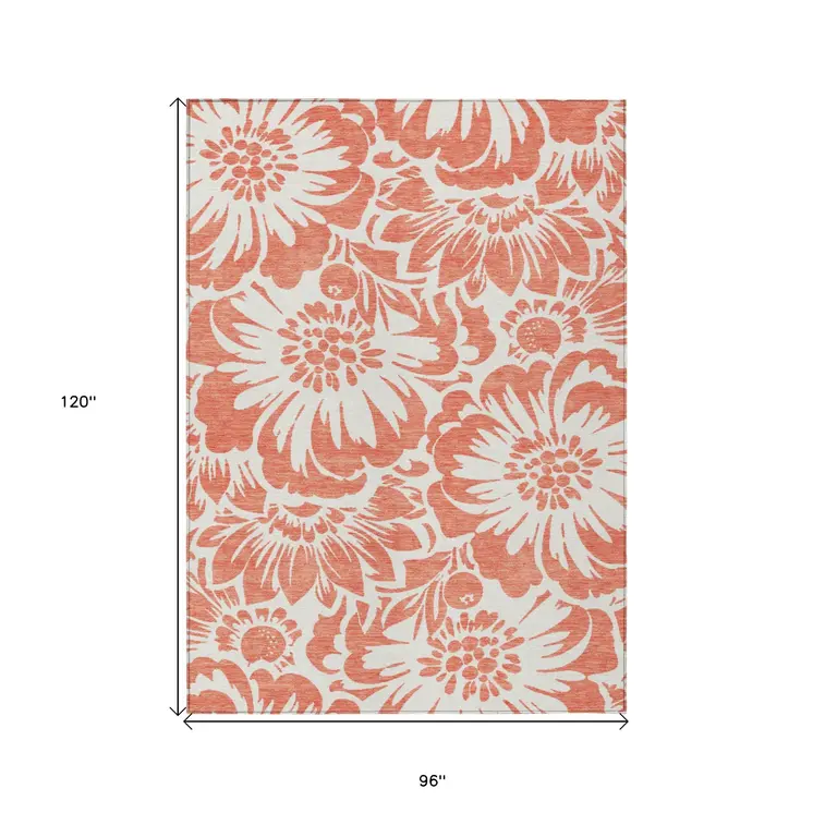 8' X 10' Salmon and Ivory Floral Washable Non Skid Indoor Outdoor Area Rug